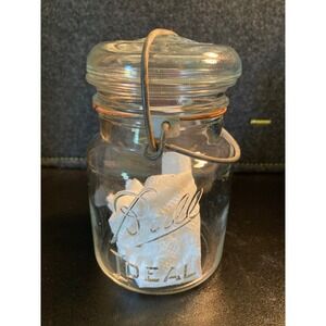 Vintage Ball Ideal Clear Glass Canning Jar with Glass Lid and Wire Bail 5.5in